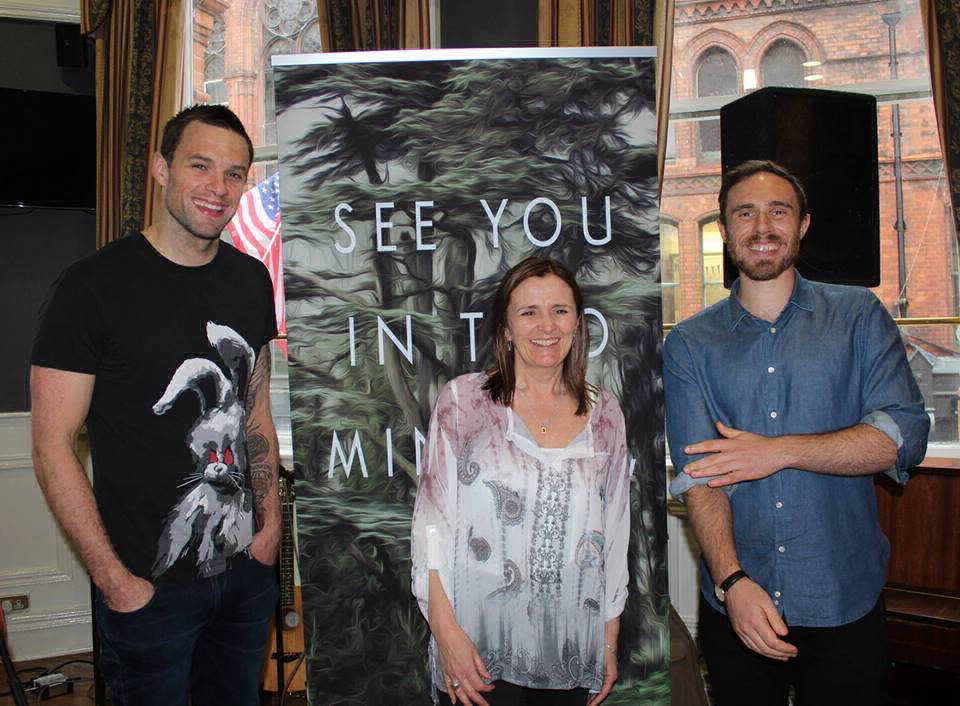 Linda Allen with Niall Breslin and James Vincent McMorrow at the book launch, Central Hotel Dublin